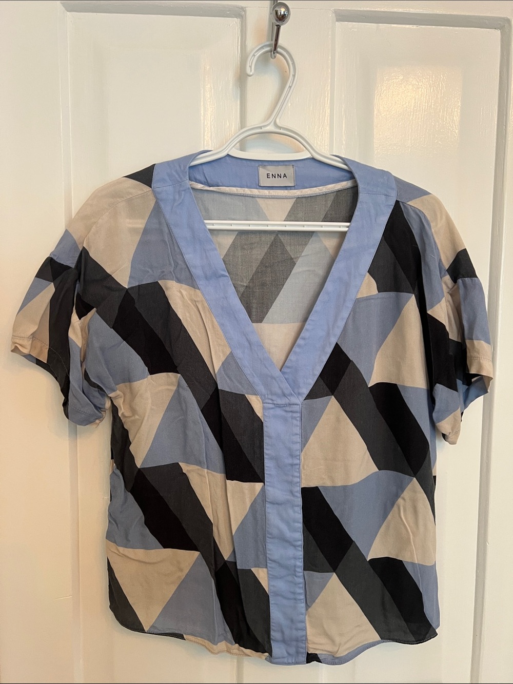 Blue & Beige Geometric V-Neck Blouse